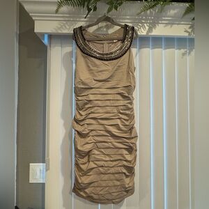 Ruched, neckline embellished, stretch dress, sz medium.